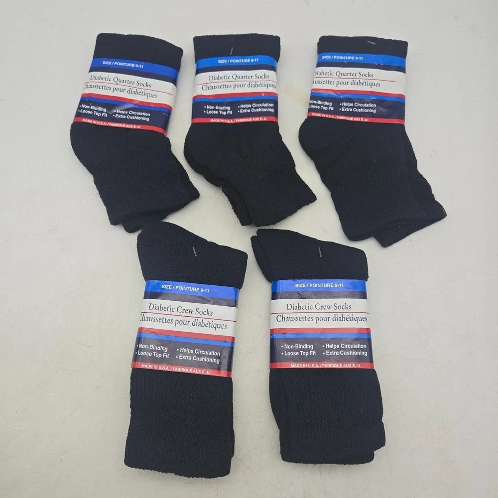 Greenbrier Diabetic Quarter & Crew Socks Sz 9-11 Black USA Made NEW 5 Pairs